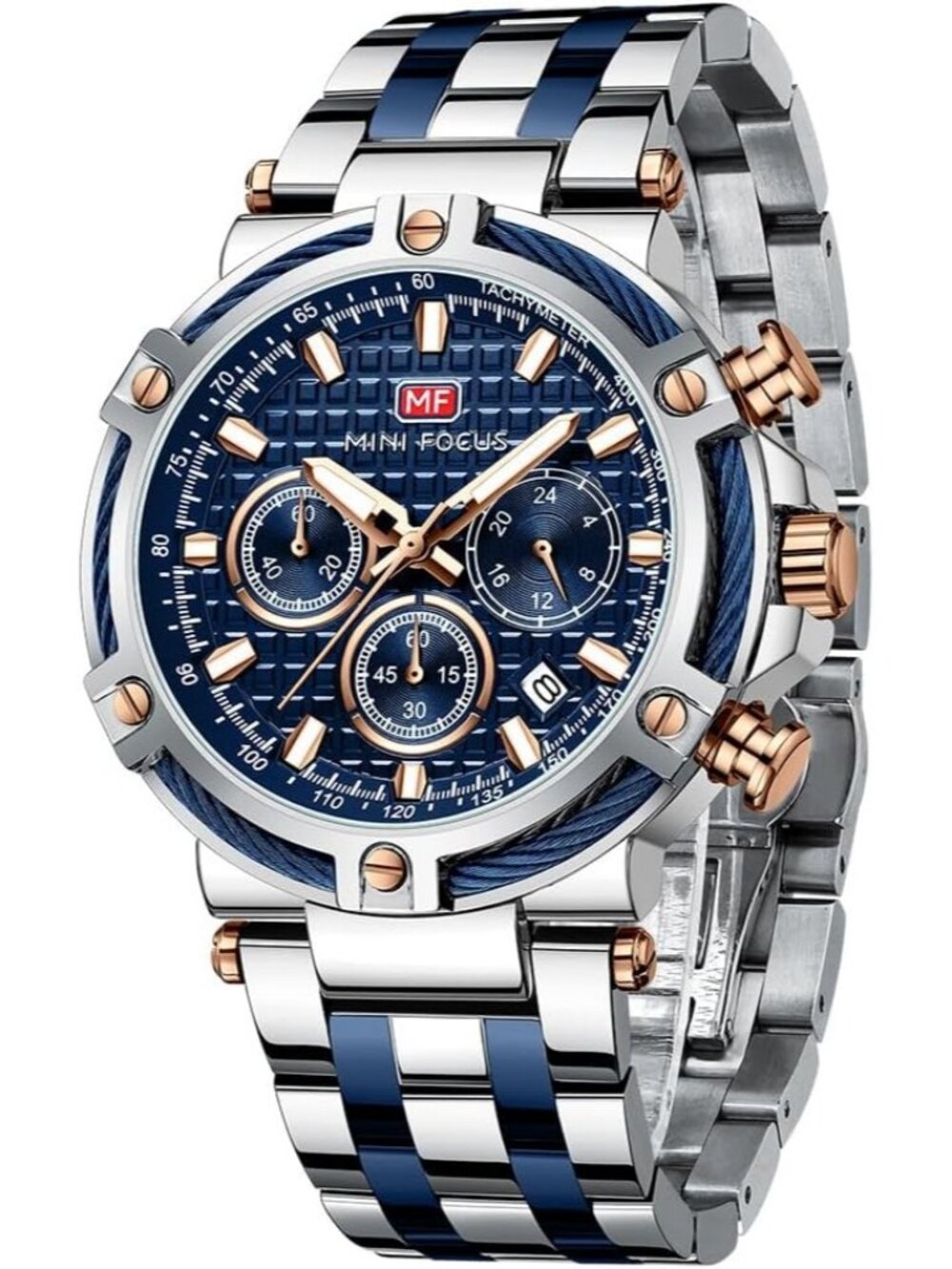 Men's Silver Blue Stainless Steel Band Chronograph Waterproof Luminous Watch